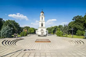 Eastern Europe Prints: Bell tower before the Nativity cathedral in the center of Chisinau capital of Moldova