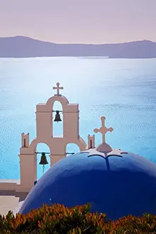 Fira Prints: Bell Tower of Orthodox Church overlooking the Caldera in Fira, Santorini (Thira)
