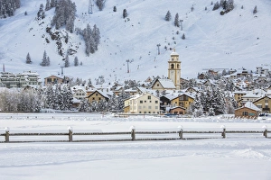 Canton Of Grisons Prints: Bell tower and ski lifts in Celerina