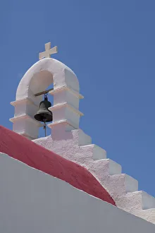 Mykonos Prints: Bell tower of traditional church on the hillside near Ornos
