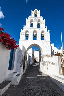 Footpath Prints: Bell tower, traditional village of Megalochori, Santorini, Cyclades, Greek Islands