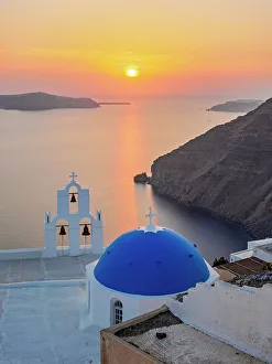 Fira Prints: Three Bells of Fira, iconic blue domed church at sunset