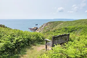 Guernsey Prints: Bench in the heath with a view of the southwest coast of Little Sark