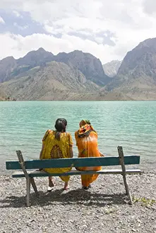 Tajikistan Prints: Bench at turquoise Iskanderkul Lake (Alexander Lake) in Fann Mountains