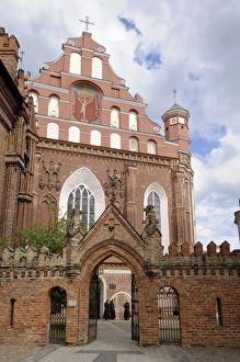 Lithuanian Prints: Bernardine church and monastery with monks standing by the door