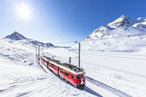 White Lake Prints: Bernina Express transit along Lago Bianco in winter, Bernina Pass, Engadine