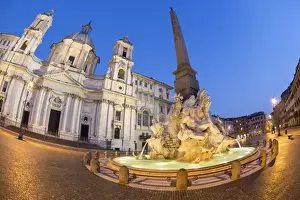 Obelisk Prints: Berninis Fountain of the Four Rivers and church of Sant Agnese in Agone at night