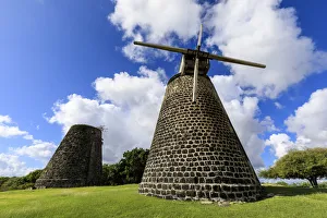 Antigua Prints: Bettys Hope, historic early sugar plantation, 1651, restored windmill towers, Antigua