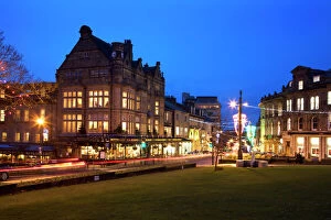 Images Dated 12th December 2011: Bettys and Parliament Street at dusk, Harrogate, North Yorkshire, Yorkshire