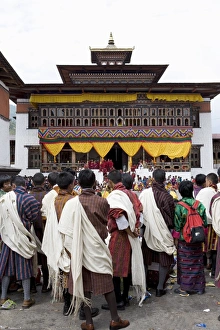 Tsechu Prints: Bhutanese men in traditional dress, Buddhist festival (Tsechu), Trashi Chhoe Dzong