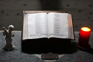 Holy Book Prints: Bible, candle and angel statuette, Switzerland, Europe