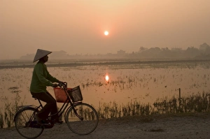 Ninh Binh Prints: Bicycle in the morning mist at sunrise