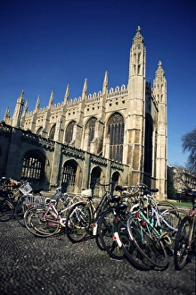 College Prints: Bicycles in front of Kings College, Cambridge, Cambridgeshire, England
