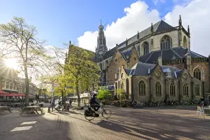 The Netherlands Prints: Bicycles in the pedestrian square next to the ancient church Grote Kerk, Haarlem