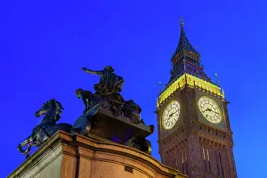 Westminster Prints: Big Ben and Boadicea Statue, dusk, Westminster, London, England, United Kingdom, Europe