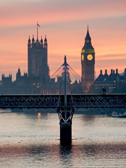 Clock Prints: Big Ben with Hungerford Bridge at sunset, London, England, United Kingdom, Europe