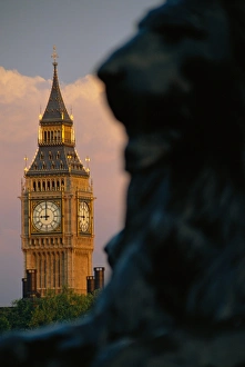 Trafalgar Square Prints: Big Ben and lion statue on Trafalgar Square, London, England