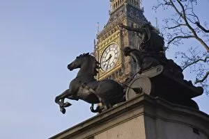 Big Ben seen through the statue of Boudica (Boadicea), Westminster, London