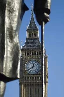 Images Dated 18th November 2005: Big Ben through statue of Sir Winston Churchill, Westminster, London, England