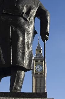 Big Ben through statue of Sir Winston Churchill, Westminster, London, England