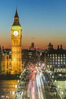 Elizabeth Tower Prints: Big Ben (the Elizabeth Tower) and busy traffic on Westminster Bridge at dusk, London