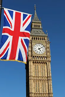 Flag Prints: Big Ben with Union flag, Westminster, UNESCO World Heritage Site, London