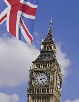 Clock Prints: Big Ben and Union Jack flag, Houses of Parliament, Westminster, London