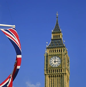 Towers Prints: Big Ben and Union Jack, Westminster, London, England, United Kingdom, Europe