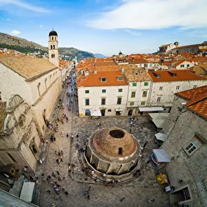Big Onforio Fountain, Franciscan Monastery and City Bell Tower on Stradun from Dubrovnik City Walls, UNESCO World Heritage Site, Dubrovnik, Dalmatian Coast, Croatia, Europe