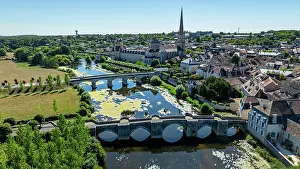 Season Prints: Bird's eye view of Abbey Church of Saint Savin sur Gartempe and surrounding landscape in France