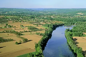 Waterscape Prints: Birds eye view of the Dordogne River and surrounding fields near Meyronne Lot in Midi-Pyrenees region of France