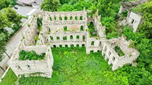 Remains Prints: Bird's eye view of the ruins of an old palace with greenery in Qarabaqh, Azerbaijan