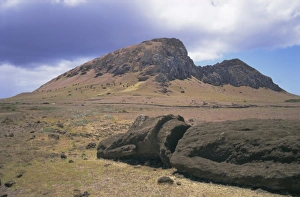 Birth Place Prints: Birthplace of the moai, with numerous heads left on slopes, Volcan Rano Raraku