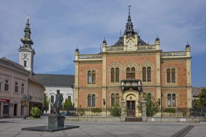 Serbia Prints: Bishops Palace, Zmaj statue and Orthodox Cathedral, Novi Sad, Vojvodina, Serbia, Europe