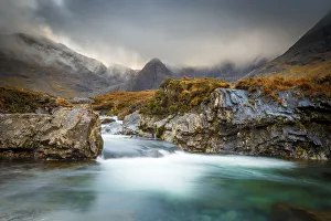 The Black Cuillin mountains in Glen Brittle from the Fairy Pools, Isle of Skye, Inner Hebrides