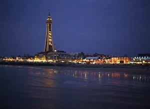Lancashire Prints: The Blackpool Tower illuminated at dusk, Blackpool, Lancashire, England