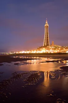Images Dated 6th January 2000: Blackpool Tower reflected on wet beach at dusk, Blackpool, Lancashire, England