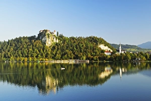 Blejsko Jezero Prints: Bled castle, Lake Bled (Blejsko jezero), Bled, Julian Alps, Slovenia, Europe