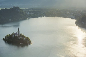 Bled Island Prints: Bled Island and Church of the Assumption of Maria at sunrise, Bled, Slovenia, Europe