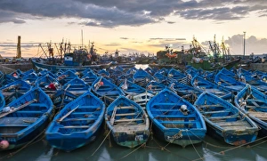 Wooden Boat Prints: Blue boats in the old fishing port at sunset, Essaouira, Marrakesh-Safi, Morocco