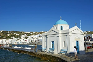 Blue church and old harbour, Mykonos Town, Chora, Mykonos Island, Cyclades
