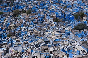 Typically Indian Prints: The Blue City of Jodhpur seen from the Mehrangarh Fort, Jodhpur, Rajasthan, India, Asia