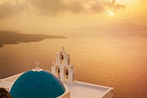 Fira Prints: Blue dome and bell tower at sunset, St