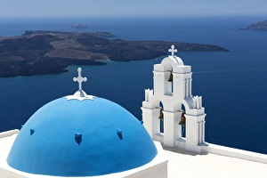 Bell Tower Prints: Blue dome and belltower of the church of St. Gerasimos, Firostefani, Fira, Santorini
