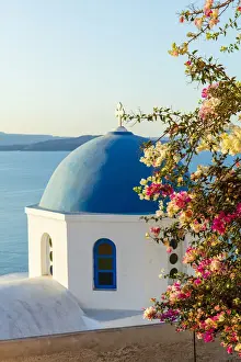 Blue domed white building with colourful flowers in foreground, Oia, Santorini, Cyclades, Greek Islands, Greece, Europe