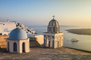 Firostefani Prints: The blue domes of the churches dominate the Aegean Sea, Firostefani, Santorini, Cyclades