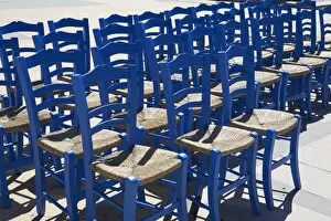 Blue Greek restaurant chairs, Crete, Greek Islands, Greece, Europe