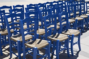 Images Dated 16th April 2008: Blue Greek restaurant chairs, Crete, Greek Islands, Greece, Europe