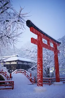 Shintoism Prints: Blue hour in Shimogamo Shrine, UNESCO World Heritage Site, during the largest snowfall