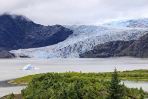 Foggy Gallery: Blue iceberg, blue ice face of Mendenhall Glacier, elevated view, Visitor Centre